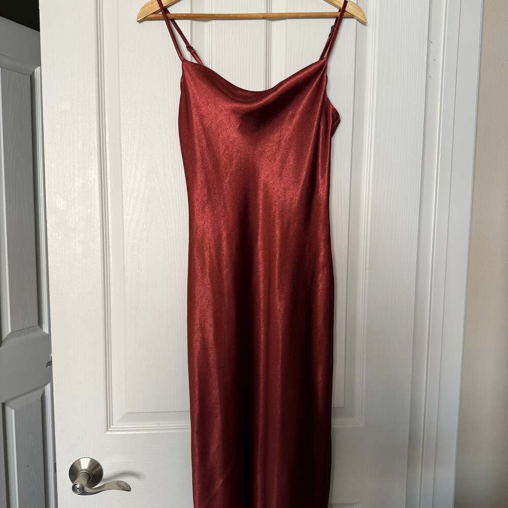 Brazen Babe Copper Satin Cowl Neck Midi Slip Dress,